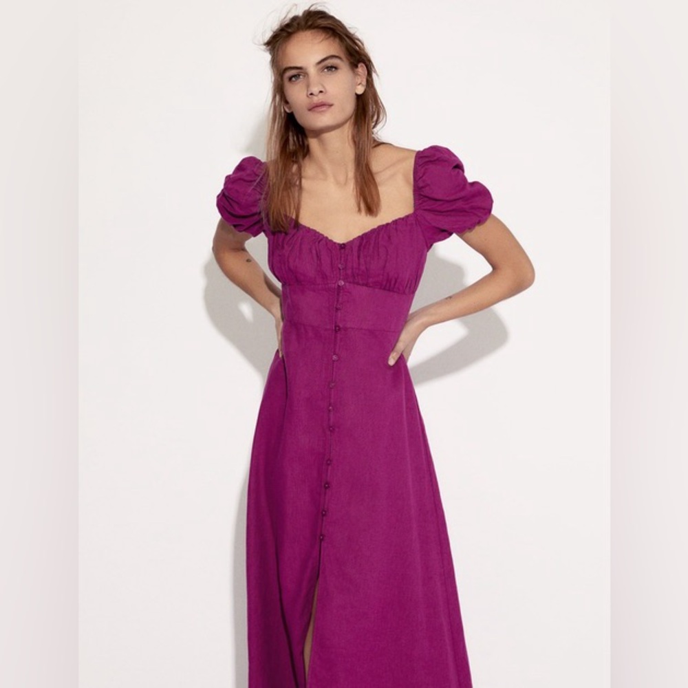 Zara, Linen maxi Dress with puff sleeves , size S